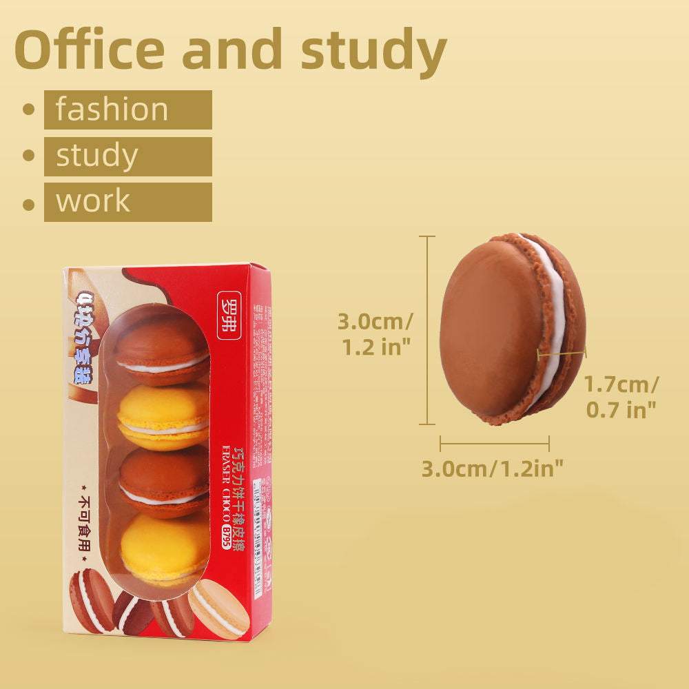 Product dimension infographic highlighting the 3.0cm width and 1.7cm height of the realistic macaron eraser.