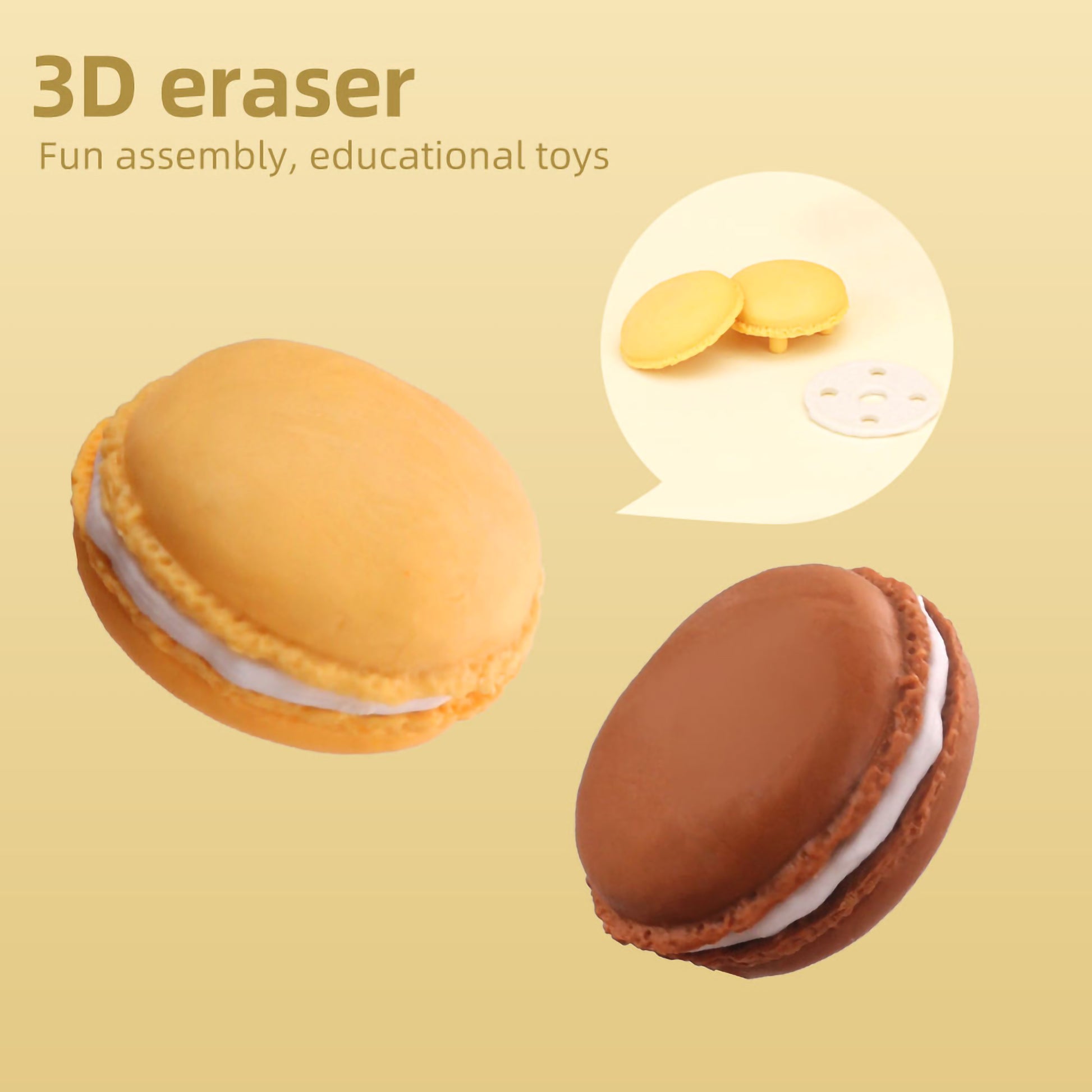 Close-up of detached macaron eraser pieces showing the assembly pegs alongside a completed yellow macaron erasing pencil marks on paper.
