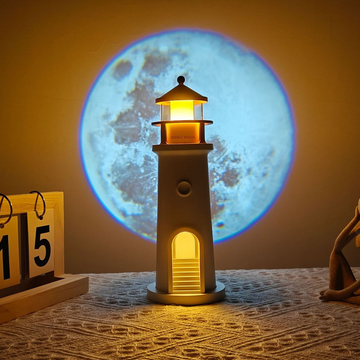 Lighthouse model with a full moon projection on a textured surface