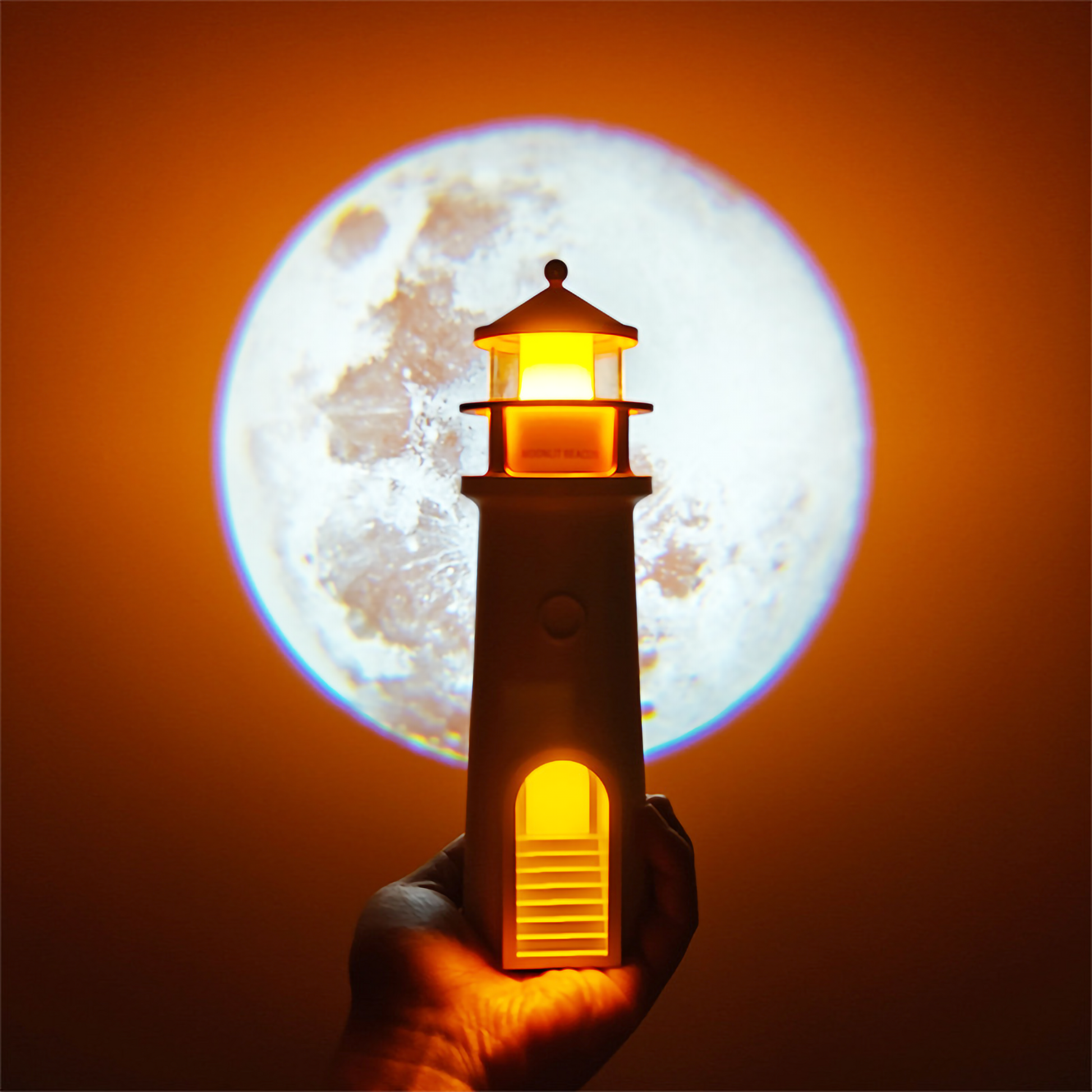 Moon Lighthouse lamp glowing on a wooden table with a realistic moon projection illuminated on the wall behind it.
