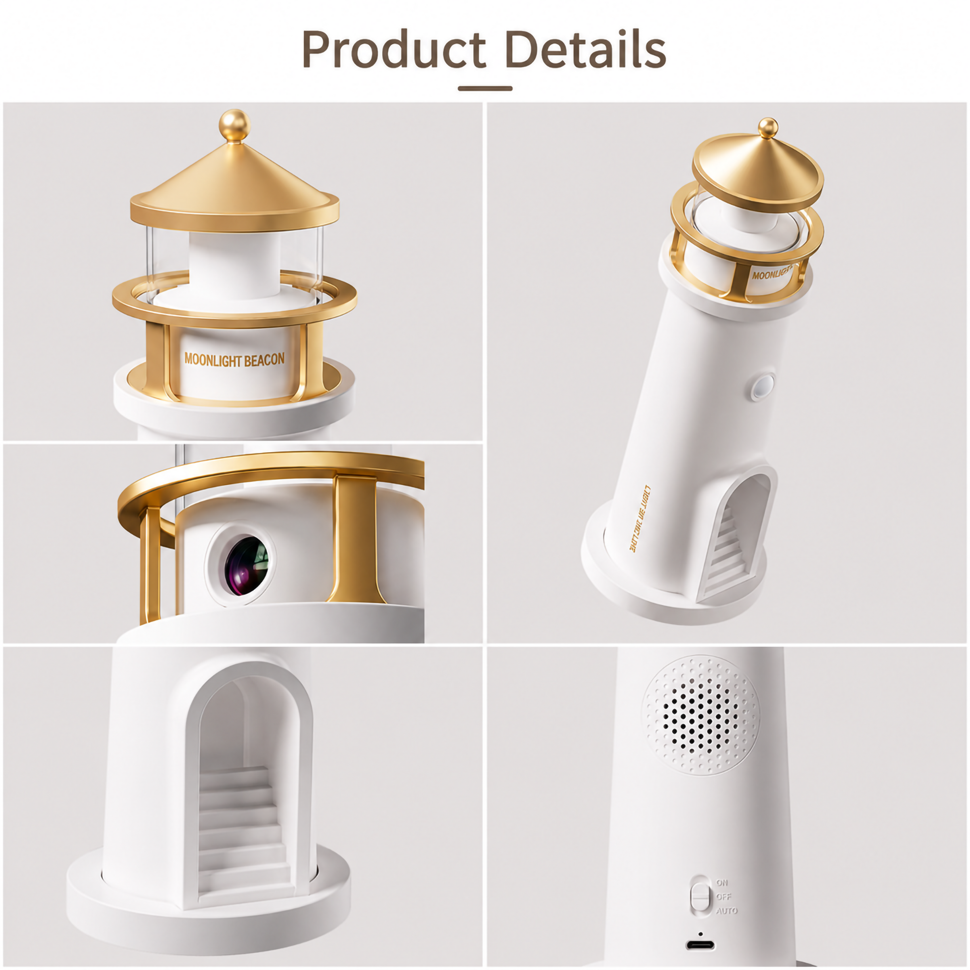 Close-up product shot of the Moon Lighthouse showing its detailed gold roof, balcony, motion sensor, and interior staircase arch.