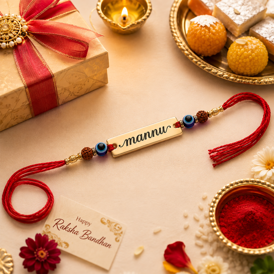 Flat lay of a personalized gold-finish name Rakhi with the name "mannu", blue thread, and evil eye beads arranged on a festive background with a diya, sweets, and a Happy Rakshabandhan card.