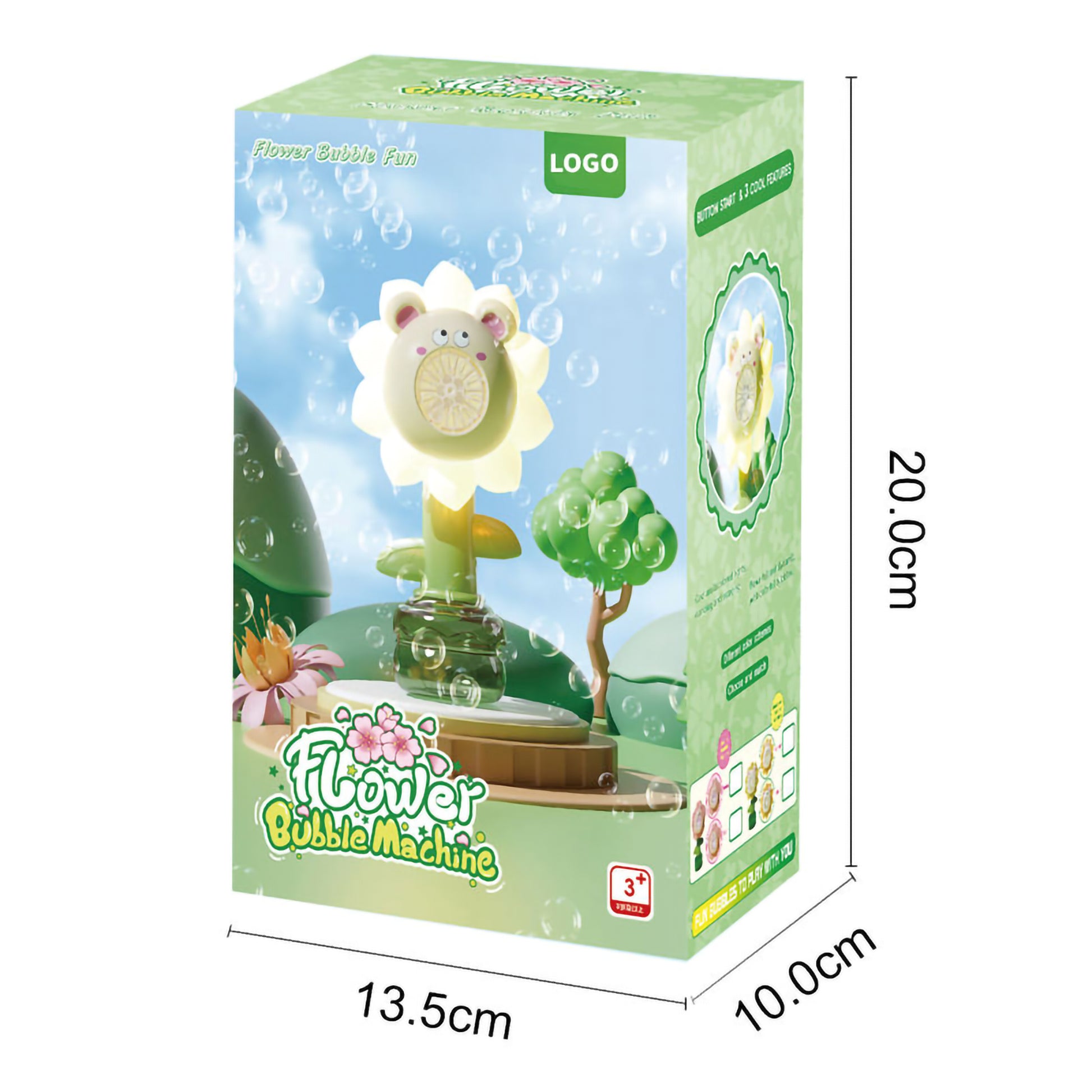 mension guide for a 20cm tall sunflower bubble blower machine.