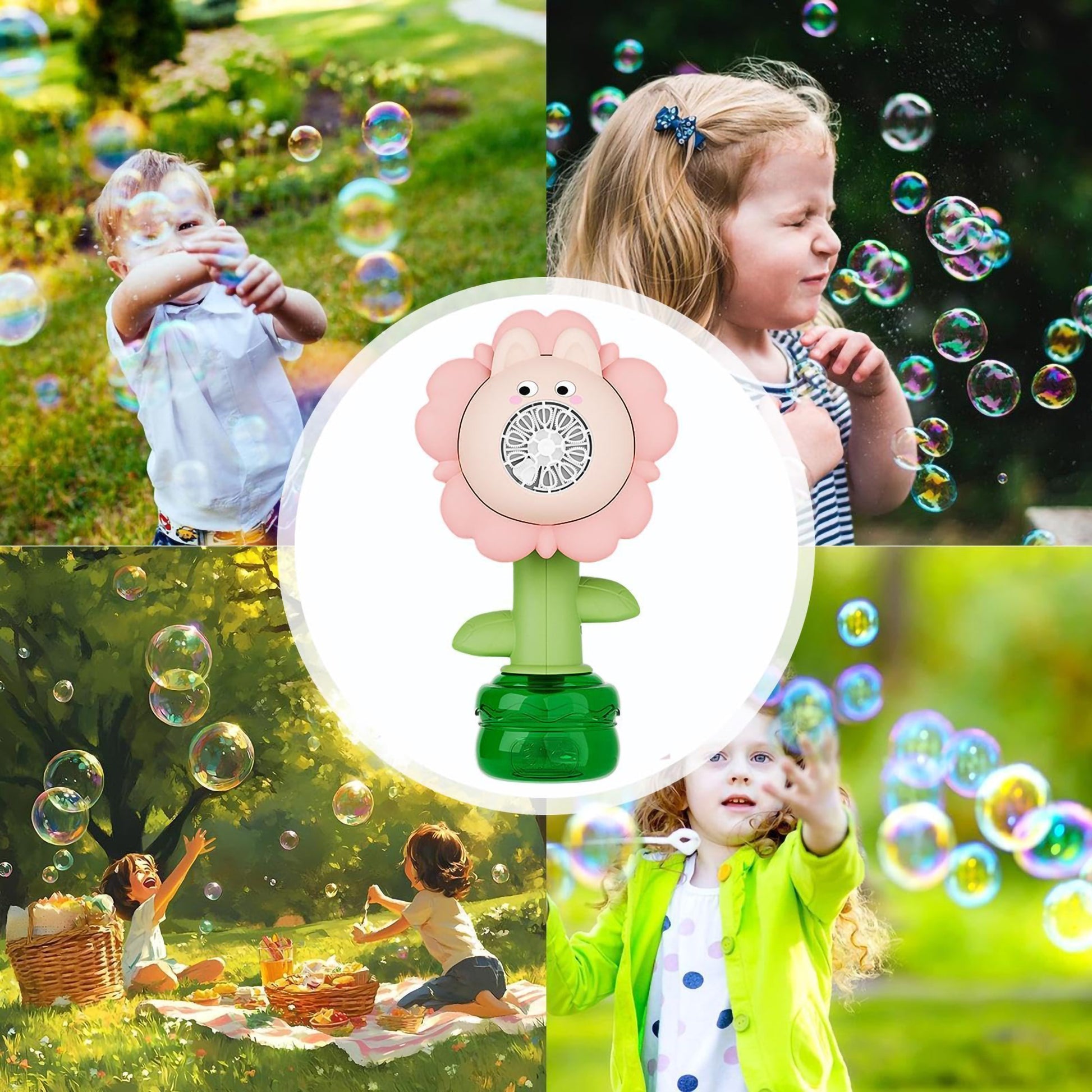 Kids playing outdoors with a yellow sunflower-themed bubble blower machine.