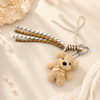 Fluffy Teddy Bear Keychain – Cute Plush Bag Charm with Pearl Bow & Woven Lanyard