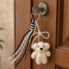 Fluffy Teddy Bear Keychain – Cute Plush Bag Charm with Pearl Bow & Woven Lanyard