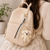 Fluffy Teddy Bear Keychain – Cute Plush Bag Charm with Pearl Bow & Woven Lanyard