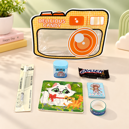 Fun & Creative Kids Goodie Bag: Camera Ziplock Pouch, Chocolate Eraser & Glue Pen