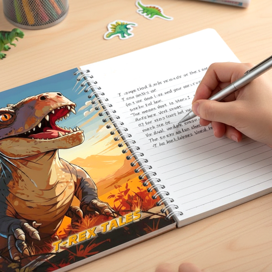 T-Rex Tales notebook with timetable, dinosaur stickers, and lined pages