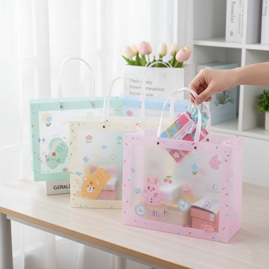 Reusable frosted party favor bags in pink, blue, and green