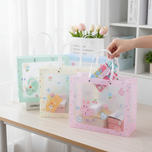 Reusable frosted party favor bags in pink, blue, and green