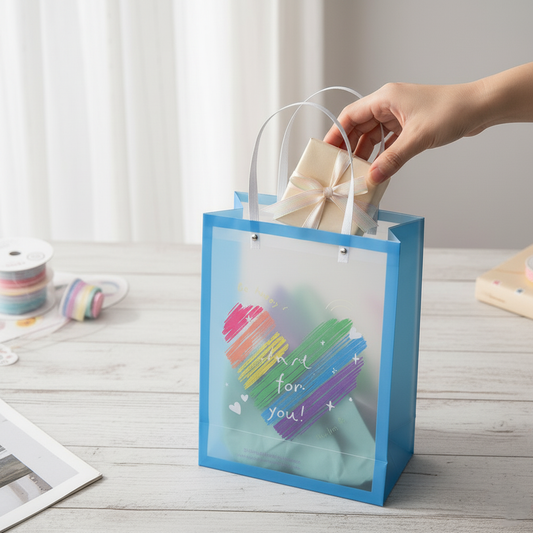 Medium frosted gift bags with vibrant rainbow designs