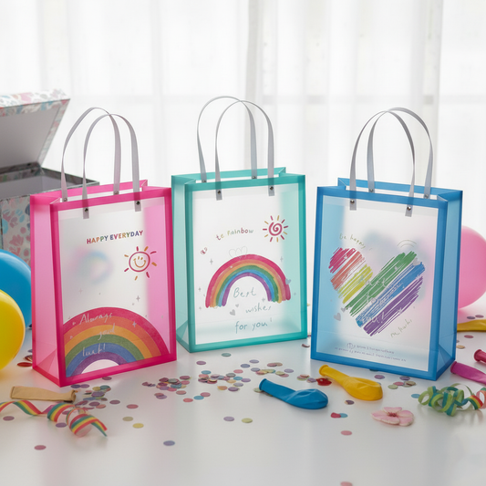 Rainbow Rush PVC gift bags with colorful rainbow and heart prints