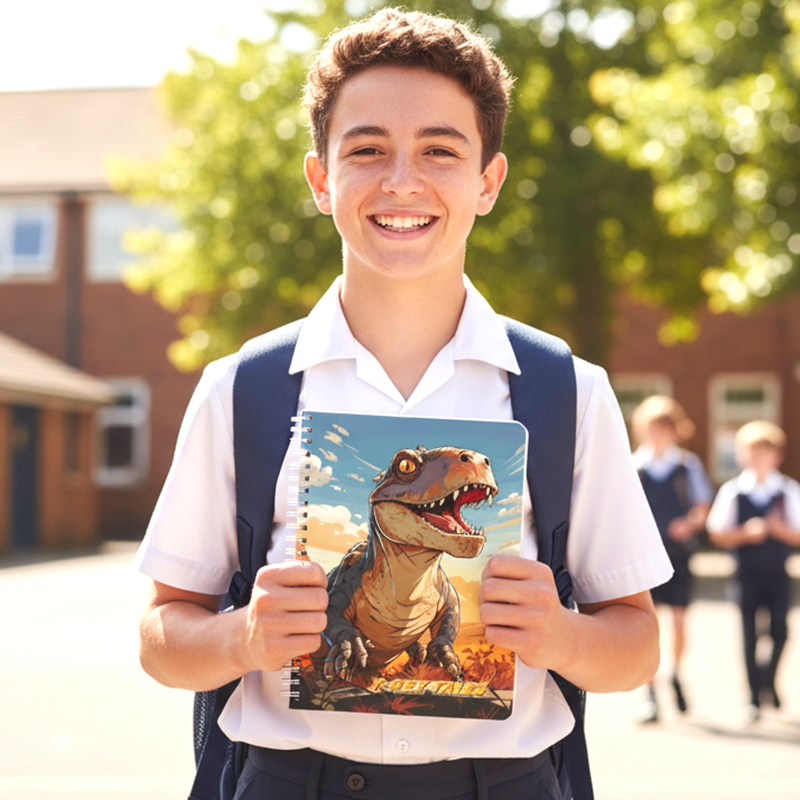Kids stationery – T-Rex Tales spiral notebook for school and gifts