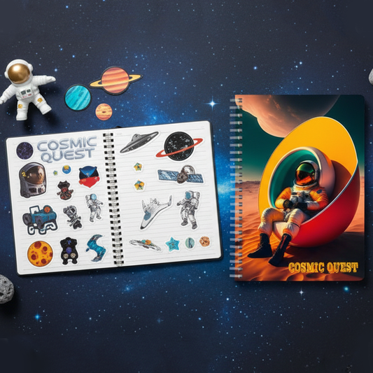 Cosmic Quest space-themed spiral notebook with astronaut cover