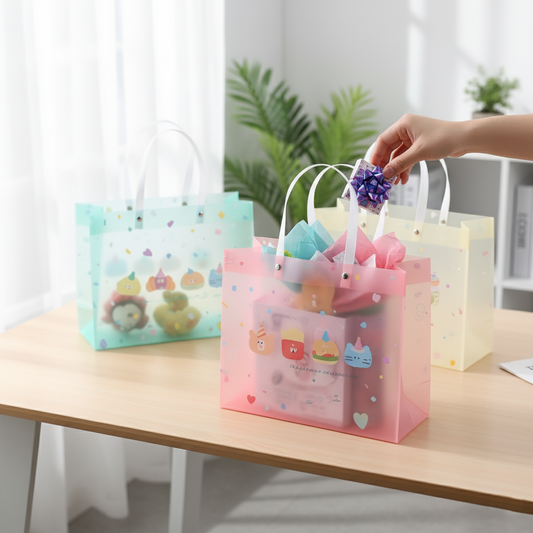 Reusable frosted goodie bags in pastel colors for parties