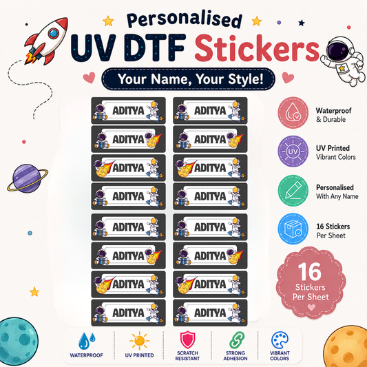 Personalized Kids Space Theme Name Stickers | Waterproof UV DTF Labels | 16 Stickers