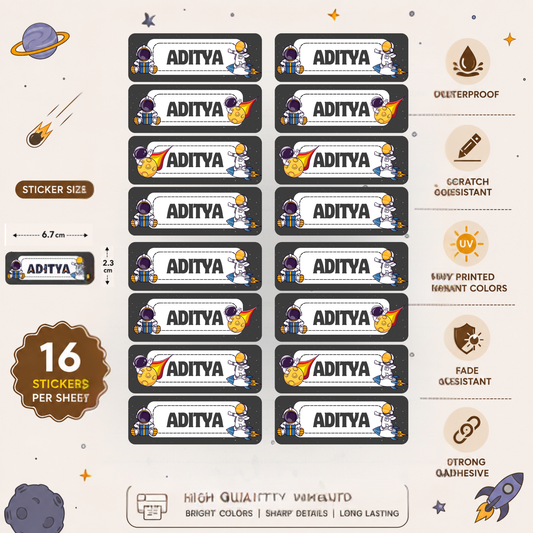 Personalized Kids Space Theme Name Stickers | Waterproof UV DTF Labels | 16 Stickers