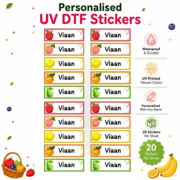 Personalized Fruit Theme Name Stickers | Waterproof UV DTF Labels | 20 Stickers