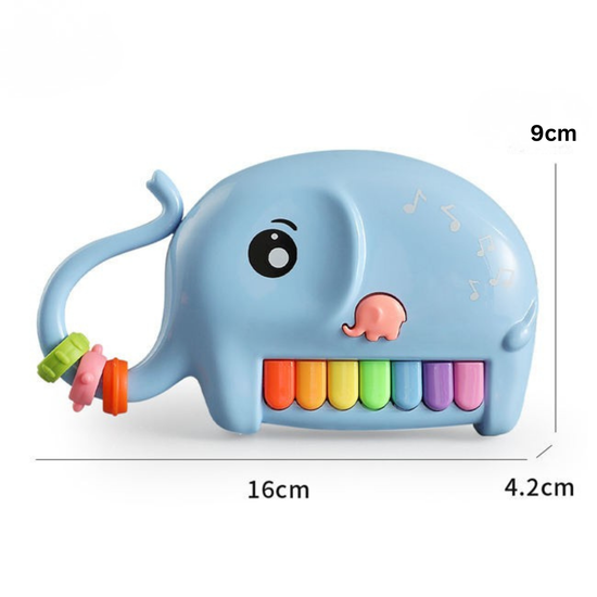 Dimension guide for the 16cm long by 9cm tall elephant musical piano toy.