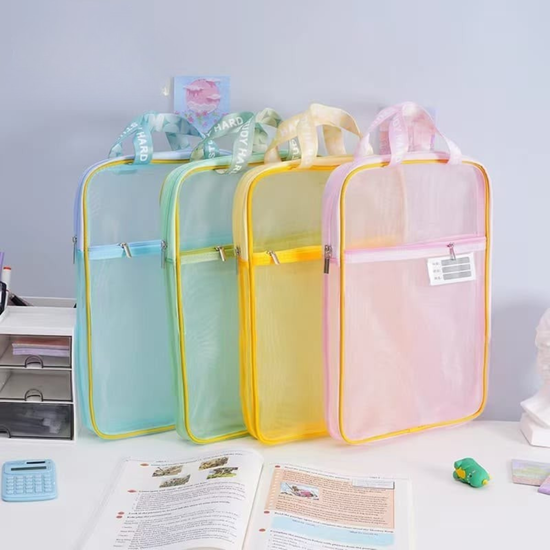 A4 transparent mesh file folder with zipper pocket and reinforced handle, shown in pastel .