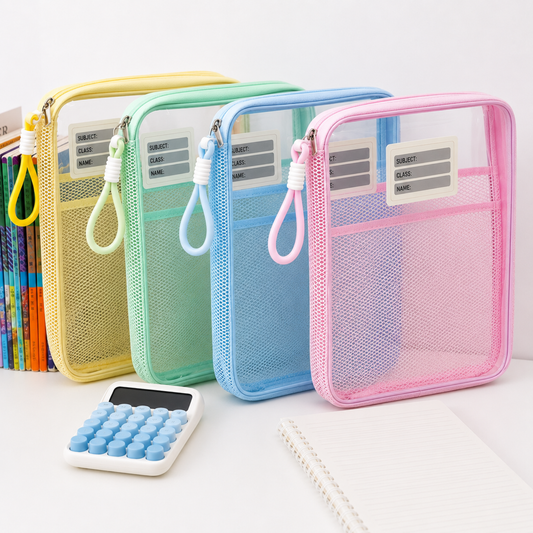 A collection of PVK 1942 A4 mesh classification folders in various vibrant pastel colors, demonstrating the dual-compartment organizing concept.