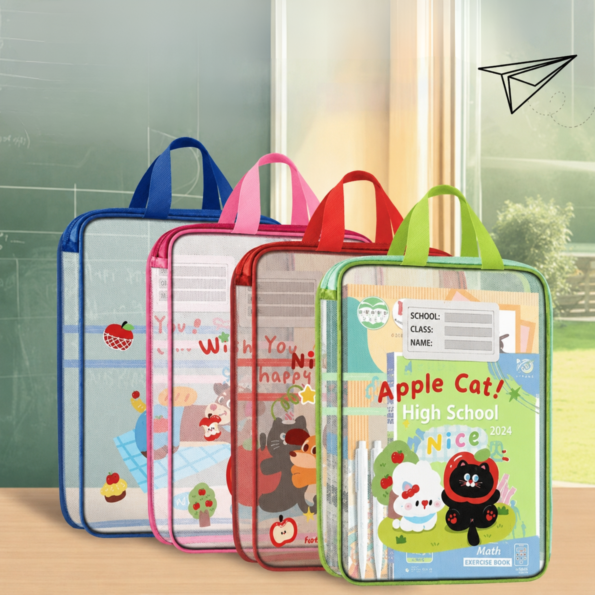 A group of colorful 3-layer A4 mesh subject organizer bags standing on a surface with subject labels.