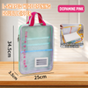 Front view of a brown A4 net printed organizer bag with dimensions (34.5x25x3.5cm) shown, featuring a label slot for student details