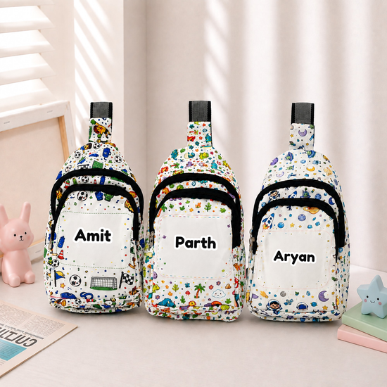 Three custom name kids' sling bags displayed side-by-side on a surface, featuring sports, panda, and space theme prints with the personalized names Amit, Parth, and Aryan.