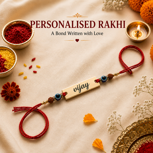 Evil Eye & Rudraksha Rakhi with Custom Name for Brother | Engraved Metal Rakhi