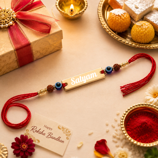 Evil Eye & Rudraksha Rakhi with Custom Name for Brother | Engraved Metal Rakhi