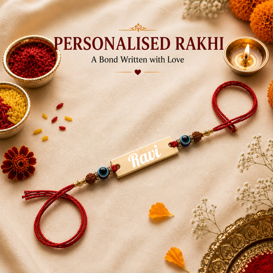 Evil Eye & Rudraksha Rakhi with Custom Name for Brother | Engraved Metal Rakhi