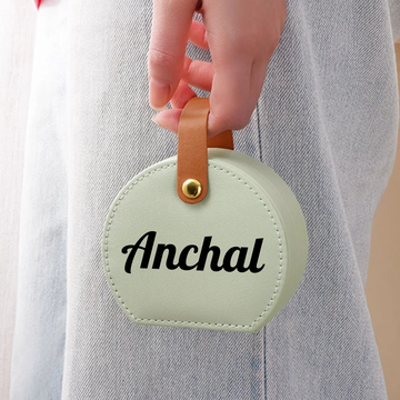 Personalised Portable Round Travel Jewellery Box | Mini PU Leather Jewellery Organizer Case with Handle