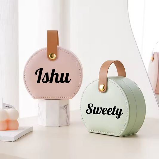 Personalised Portable Round Travel Jewellery Box | Mini PU Leather Jewellery Organizer Case with Handle