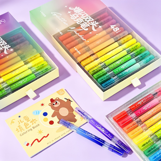 Glintora Dual Tip Glitter Markers Set with Coloring Book - Sparkle Ink Pens for Kids