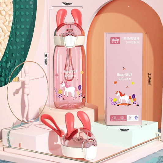 Cute 3D Rabbit Ear Sipper Cup | 550ml Pop-Up Straw Bottle for Kids