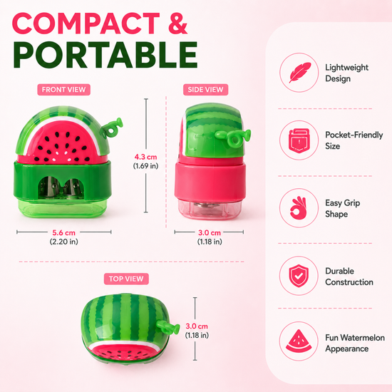 High quality manual watermelon slice pencil sharpener display jar filled with colorful school supplies.