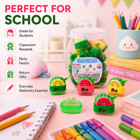 Premium kids cartoon fruit theme 2-hole sharpeners in assorted vibrant red and yellow variants.