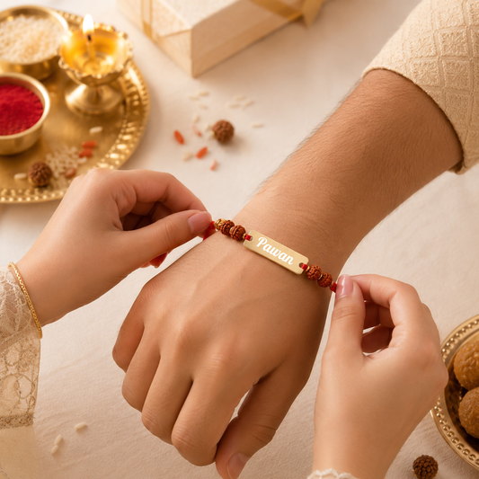 Handcrafted Name-Engraved Rakhi with Rudraksha Beads & Red Thread