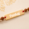 Handcrafted Name-Engraved Rakhi with Rudraksha Beads & Red Thread