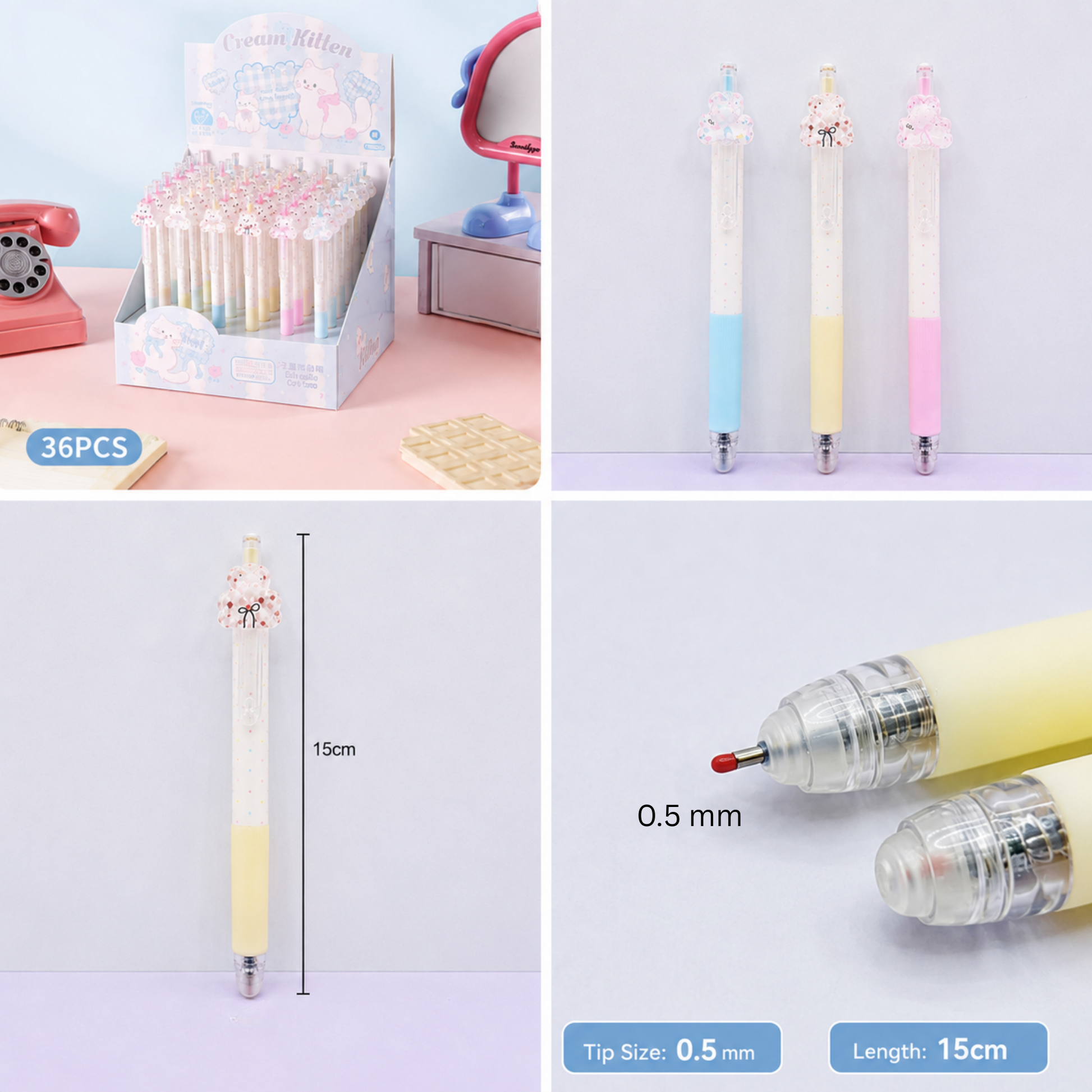 Close-up of pink and light blue polka-dot erasable pens showcasing their fine writing tips and clear friction erasers on the end caps.