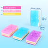 A graphic overview detailing three multi-layered, sprinkle-topped pastel cake erasers in pink, blue, and purple along with precise dimensions of 4.5 by 2.5 centimeters