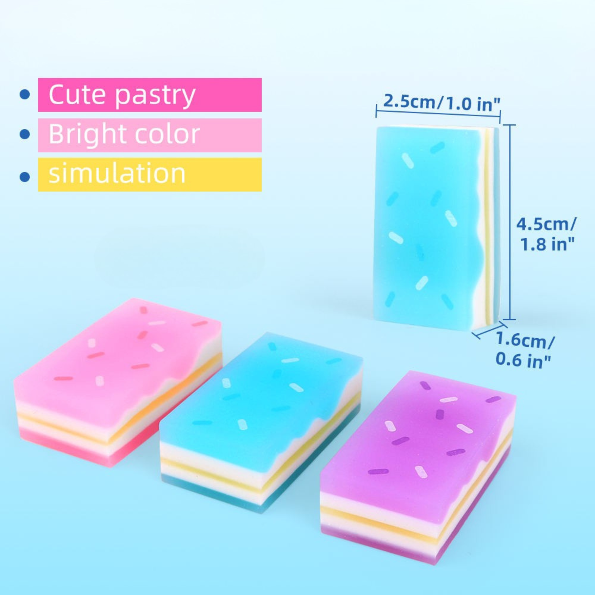 A graphic overview detailing three multi-layered, sprinkle-topped pastel cake erasers in pink, blue, and purple along with precise dimensions of 4.5 by 2.5 centimeters