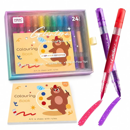 Glintora Dual Tip Glitter Markers Set with Coloring Book - Sparkle Ink Pens for Kids