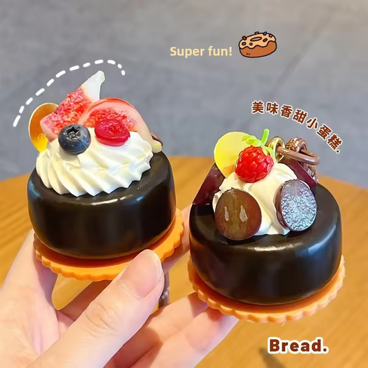 Kawaii Miniature Chocolate Cake Keychain & Bag Charm | Realistic Fruit & Whipped Cream Design