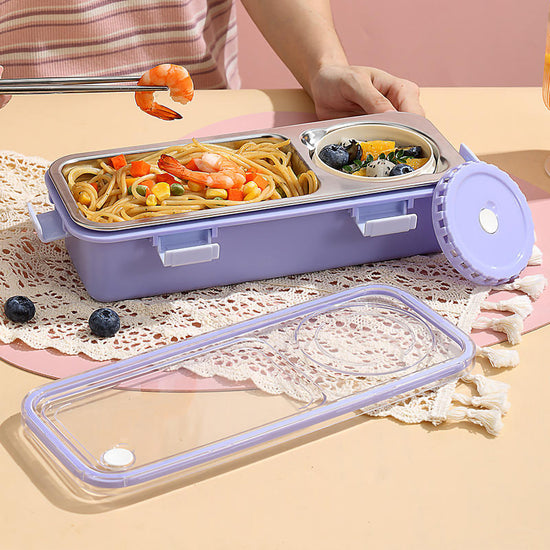 Pastel purple customized stainless steel lunch box for kids with a clear lid and built-in cutlery.