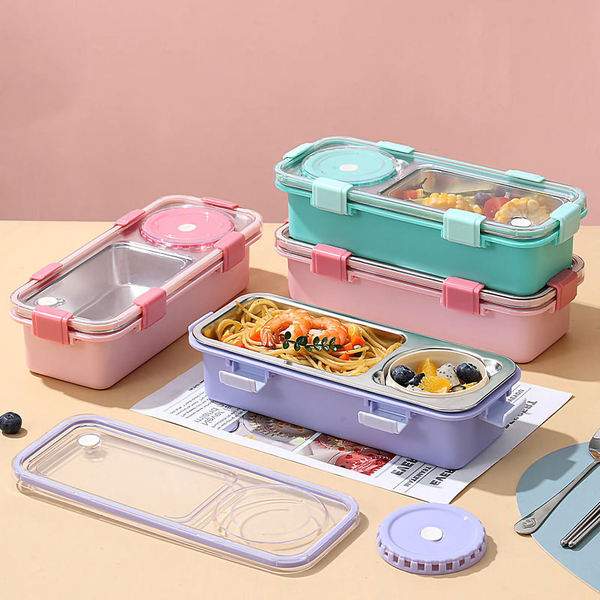 School lunch box with name print in pastel green, pink, and purple featuring secure 4-sided snap locks.
