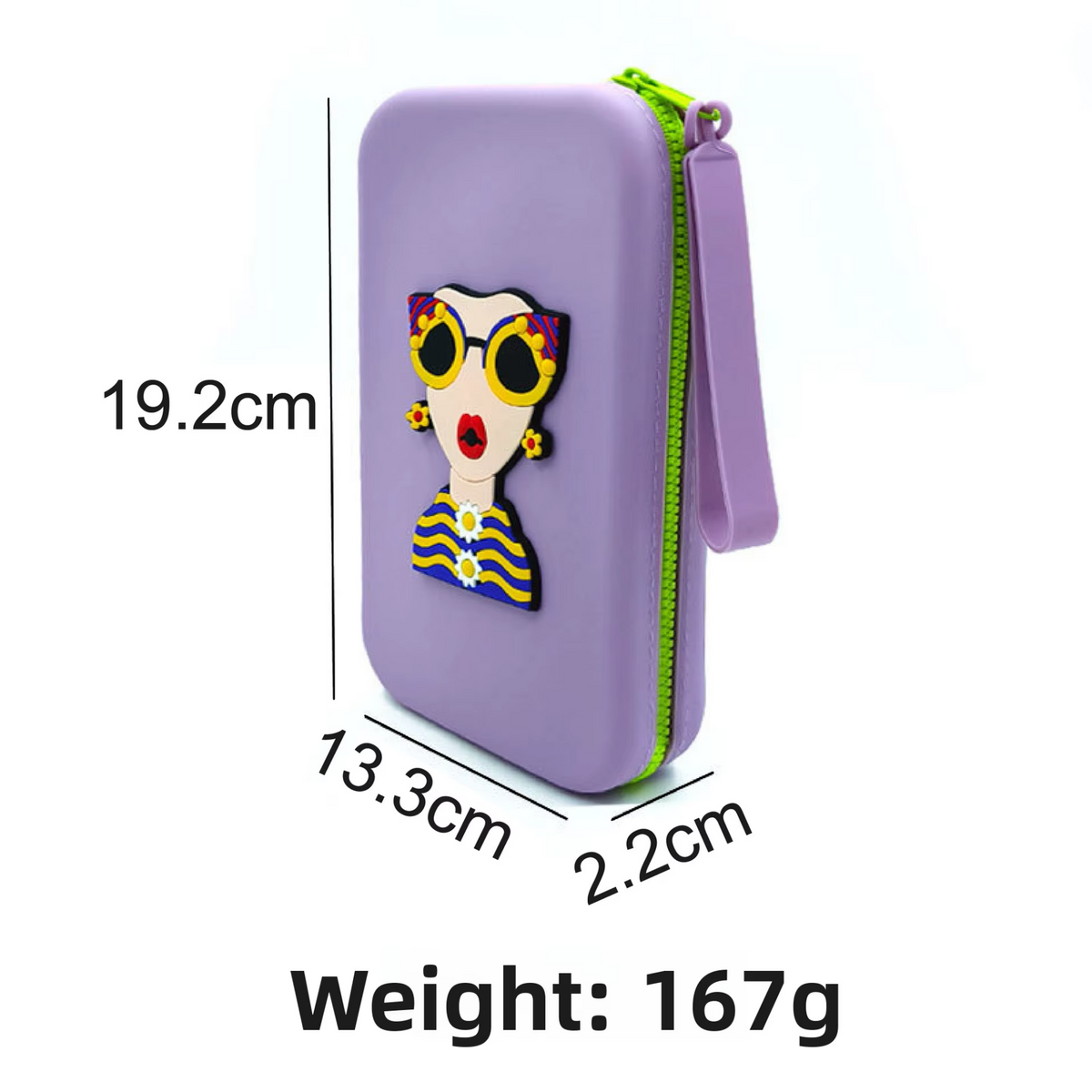 A purple cartoon travel organizer pouch displayed upright with measurement dimensions (19.2cm x 13.3cm x 2.2cm) and weight (167g) noted
