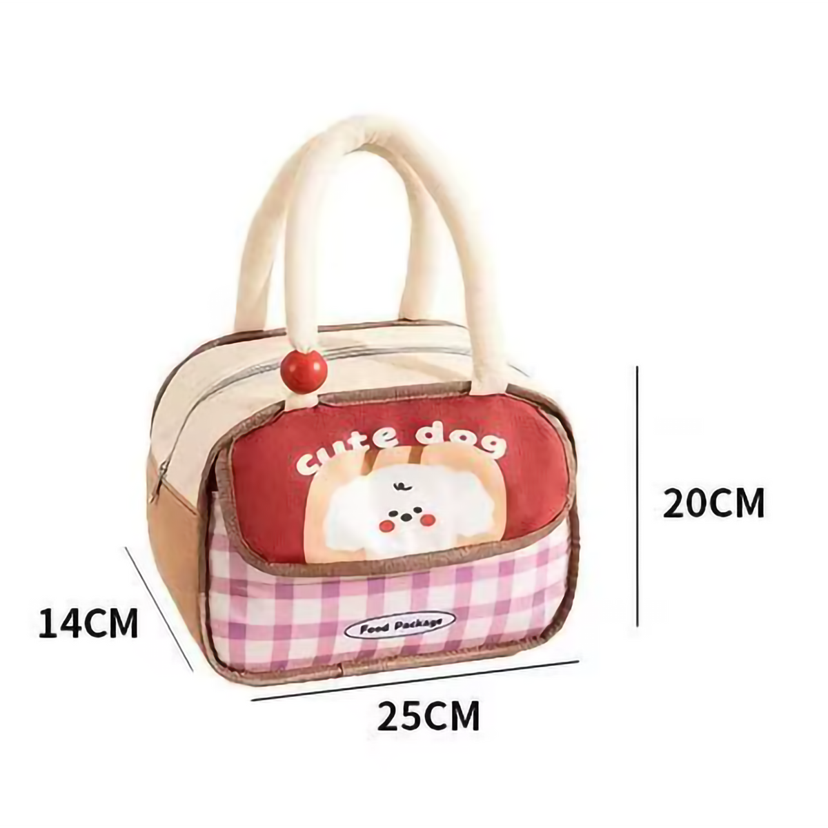 A product dimension chart showing the 25cm length, 14cm width, and 20cm height of the Cute Dog insulated lunch tote