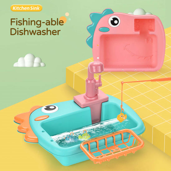 A complete set of the kids' dishwasher toy showing the basin, drying rack, ladle, knife, fork, and assorted colorful play food items.